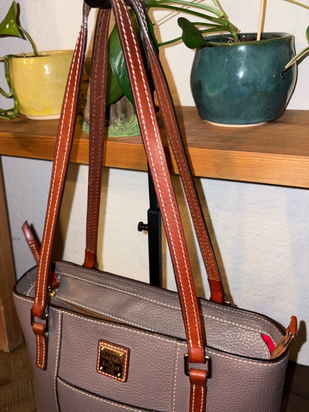 Dooney & Bourke Pebble Leather Tote Taupe Gray British Tan Trim Shoulder Bag - Picture 6 of 13